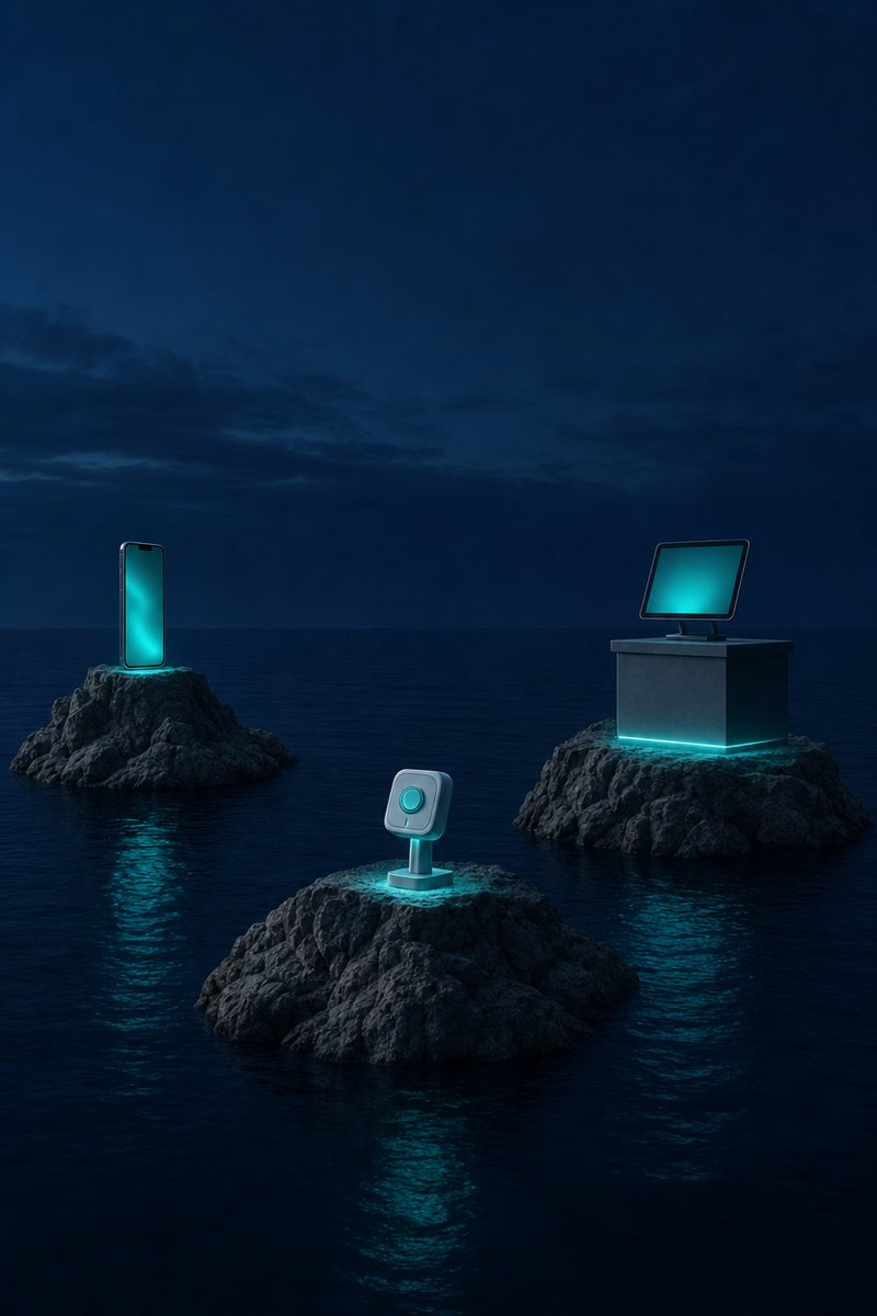 Drei voneinander getrennte Inseln im dunklen Wasser, auf jeder ein einzelnes leuchtendes Gerät: ein Smartphone, ein Notrufknopf, ein Terminal auf einem Tresen