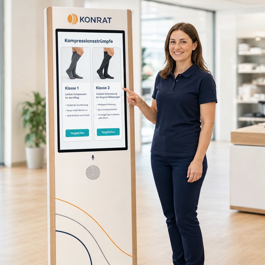 Eine Mitarbeiterin am KonRat-Terminal im Sanitätshaus; auf dem Bildschirm werden Kompressionsklasse 1 und 2 verglichen (Konzeptdarstellung)